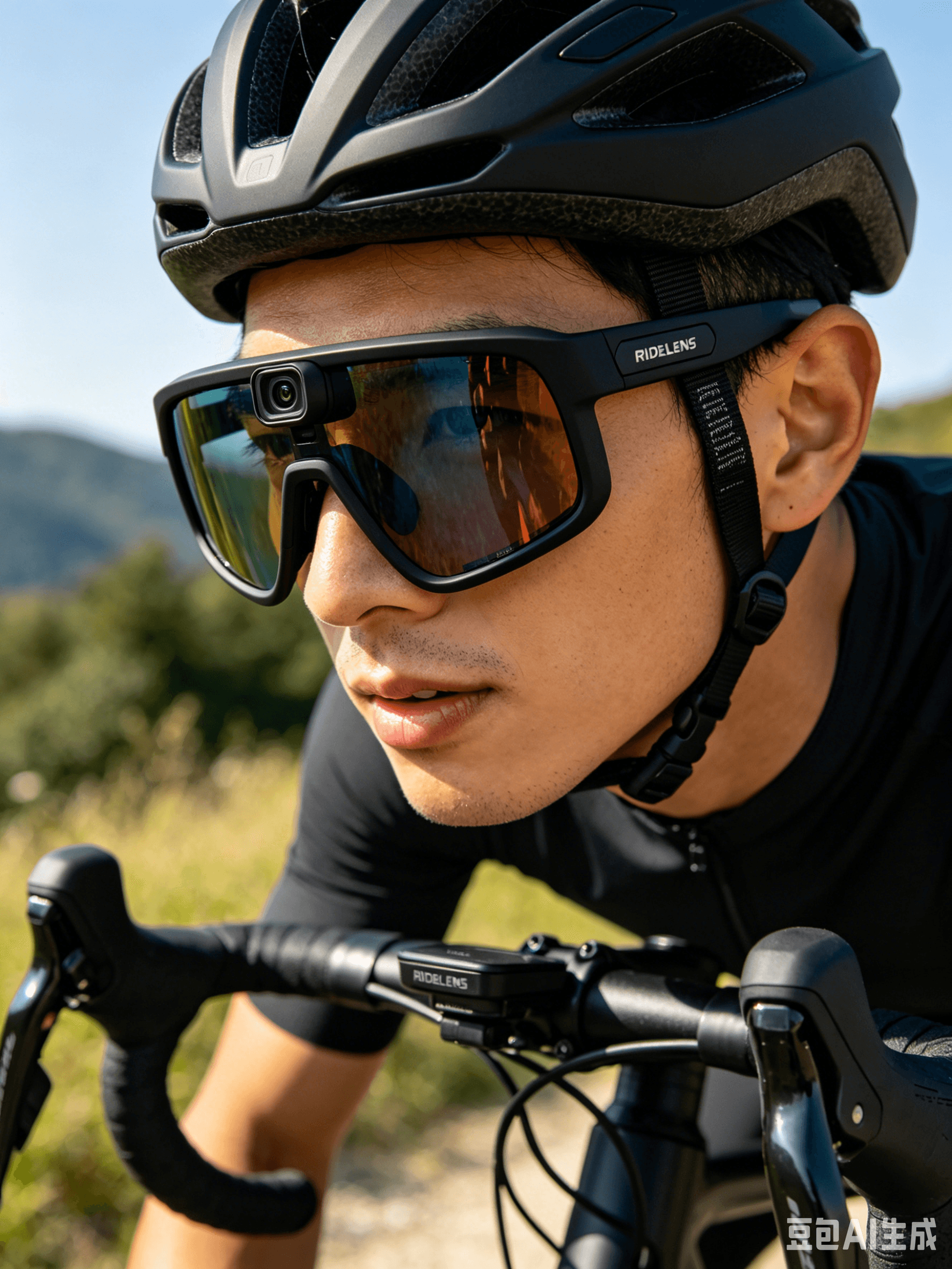 RideLens smart cycling glasses worn by cyclist with heads-up display
